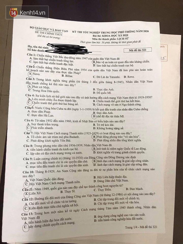 Cập nhật đáp án đề thi môn Lịch sử kỳ thi THPT Quốc gia 2020