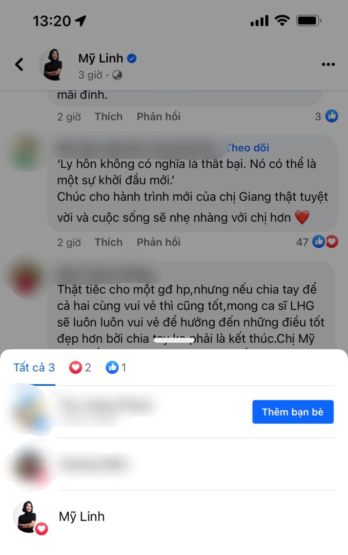 Mỹ Linh tương tác với bình luận 