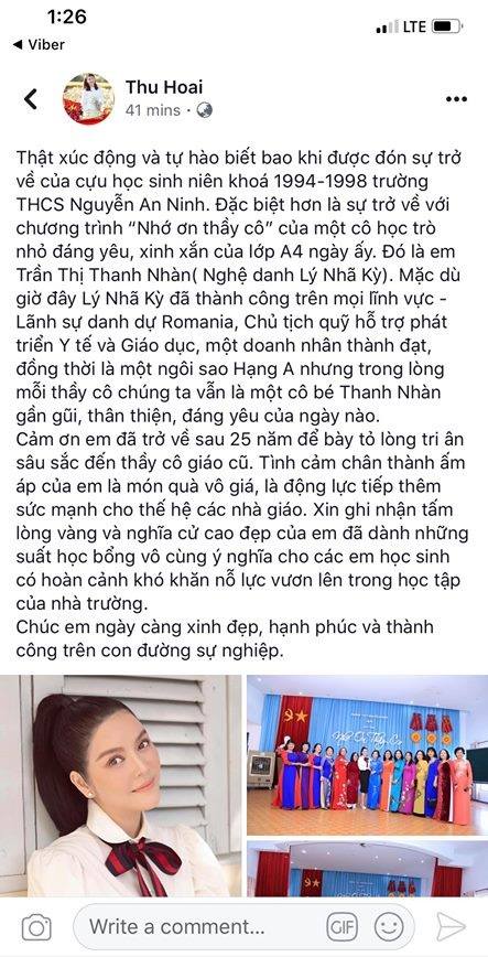   “Cám ơn em đã trở về sau 25 năm để bày tỏ lòng tri ân sâu sắc đến thầy cô giáo cũ. Tình cảm chân thành, ấm áp của em là món quà vô giá, là động lực tiếp thêm sức mạnh cho các thế hệ nhà giáo” – cô Thu Hoài.  