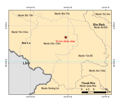 Vị trí tâm chấn trận động đất xảy ra sáng 28/7 tại Mộc Châu, Sơn La. Ảnh: Viện Vật lý địa cầu cung cấp.