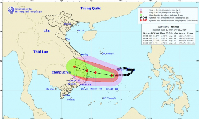 Hình ảnh đường đi của cơn bão Narki vào chiều ngày 9/11.