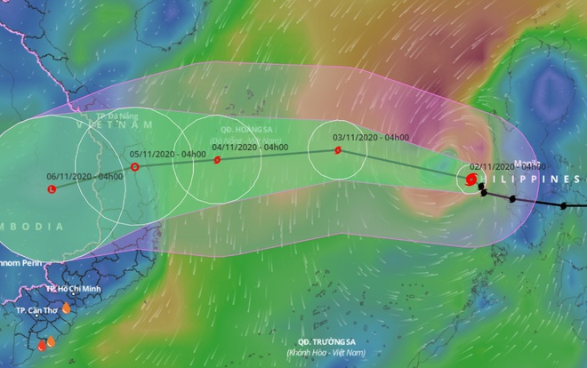 Dự báo đường đi của bão Goni trên Biển Đông. Ảnh: VNDMS.