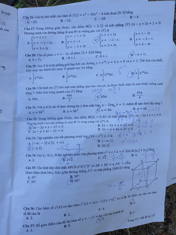 Đáp án môn Toán kỳ thi tốt nghiệp THPT 2020 đợt 2: Mã đề 107  