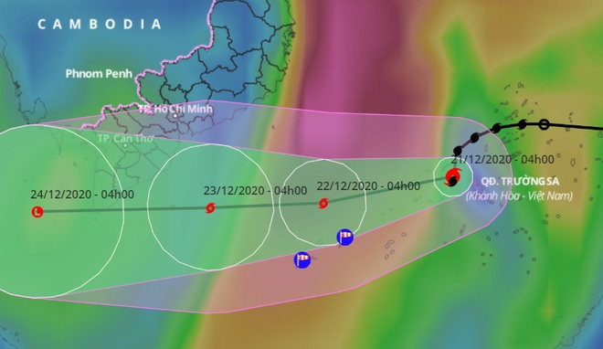 Dự báo đường đi của bão số 14 trên Biển Đông. Ảnh: VNDMS.