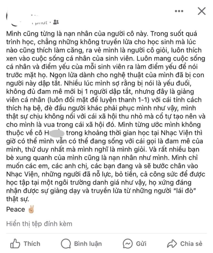 Nhạc sĩ Lưu Thiên Hương cung cấp cho chúng tôi về đoạn chia sẻ bức xúc của một cựu sinh viên Nhạc viện từng là học trò của cô H.