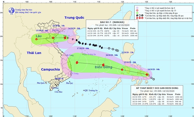   Hình ảnh dự báo vị trí và đường đi của bão số 7 từ 4h ngày 14/10 đến 4h ngày 16/10. (Nguồn: TTDBKTTVQG)