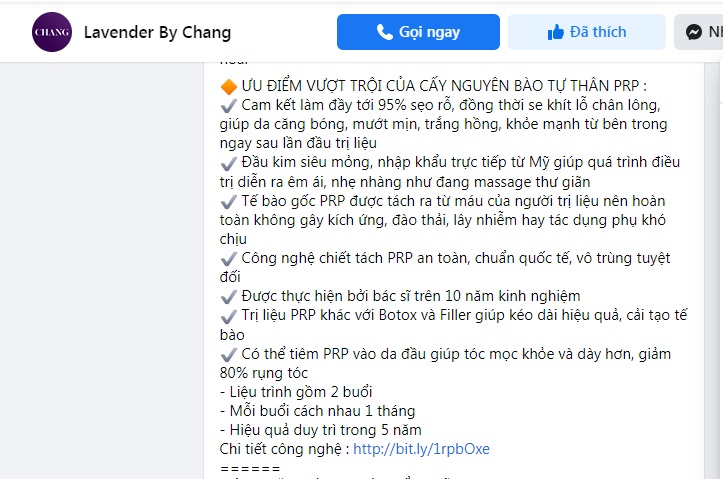 Những thẩm mỹ viện lớn như Lavender By Chang cũng ngang nhiên quảng cáo và nhận khách thực hiện PRP trái phép .