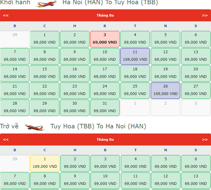 Trên các trang web đặt vé trực tuyến của nhiều hãng hàng không, giá vé hiện rẻ chưa từng có. Ảnh chụp màn hình ngày 20/2. 