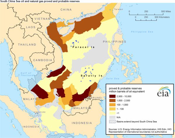   Những khu vực có màu càng đậm trên hình vẽ thì có trữ lượng dầu khí càng lớn. Ảnh: EIA  