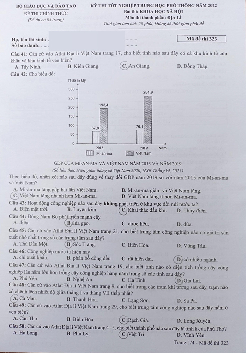 Đề thi và gợi ý đáp án môn Địa lí tốt nghiệp THPT 2022 - Ảnh 1.