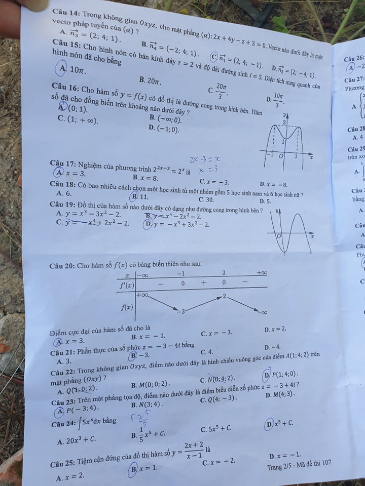 Đáp án môn Toán kỳ thi tốt nghiệp THPT 2020 đợt 2: Mã đề 107  