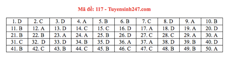 Đáp án môn Toán kỳ thi tốt nghiệp THPT 2020 đợt 2: Mã đề 117  