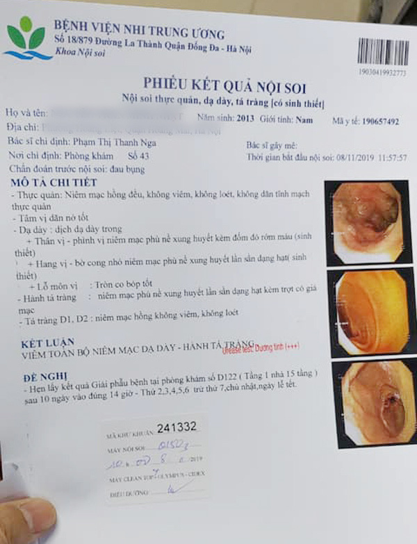   Kết quả nội soi của bé M.N (6 tuổi).  