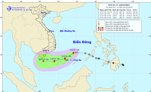 Hướng di chuyển của bão số 14. Nguồn: TTKTTV