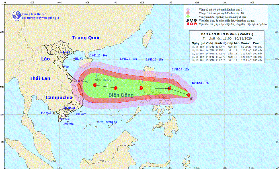 Hướng di chuyển của bão Vamco. Nguồn: TTKTTV