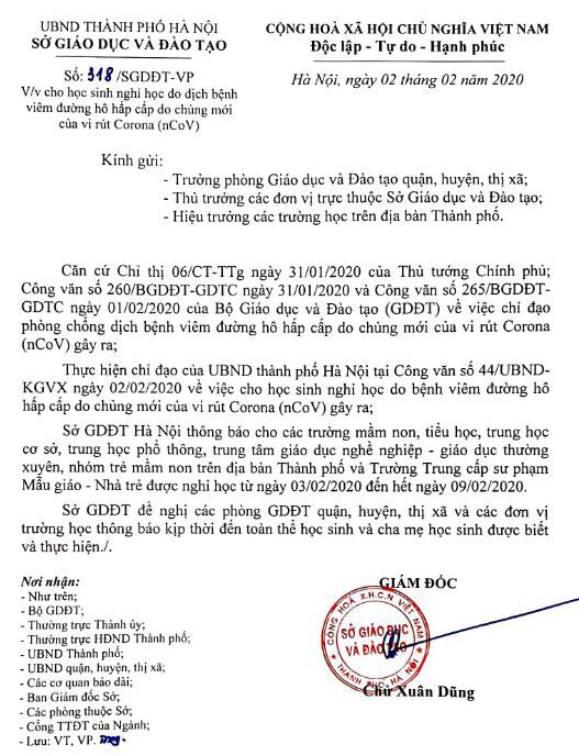 TP Hà Nội cũng gửi thông báo cho học sinh nghỉ học thêm 1 tuần vào tối ngày 2/2.