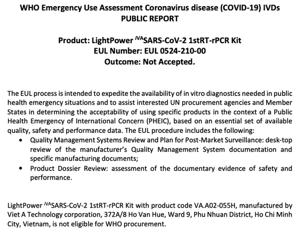   WHO chưa chấp nhận bộ xét nghiệm của Việt Á - Ảnh chụp màn hình  