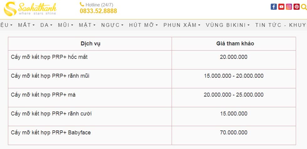 Thẩm mỹ viện Sao Hà Thành công khai bảng báo giá PRP trên trang web chính thức của mình. 