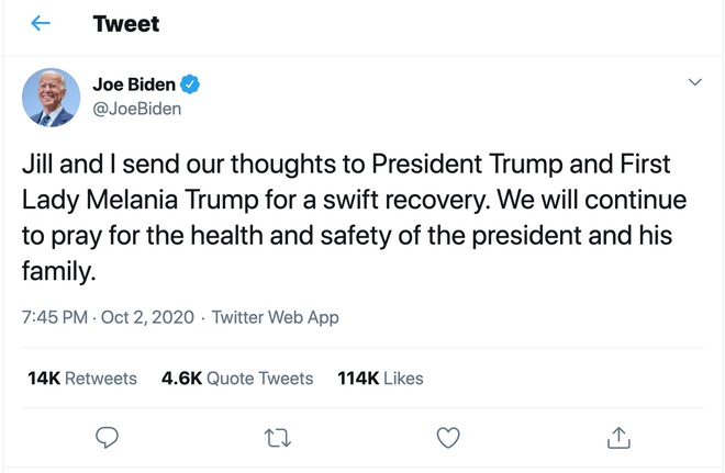 Ứng viên Joe Biden chúc Tổng thống Trump và phu nhân mau chóng hồi phục.