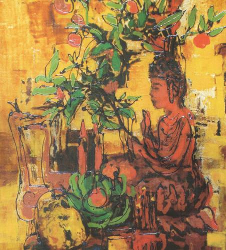   A Di Đà, sơn mài với vàng, bạc & vỏ trứng, 40x30cm, 03/2007, Nhà sưu tập Beritt Johansson, Oskarshamn.  