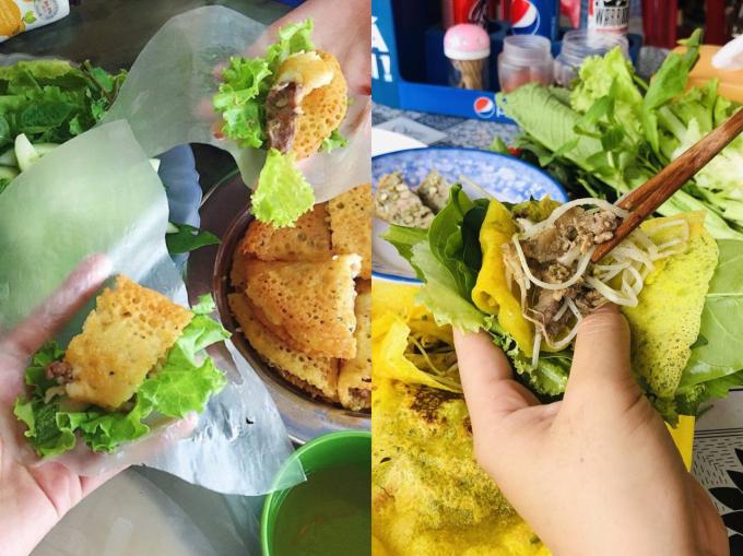 Thông thường bánh xèo sẽ được cuốn theo trình tự: lớp bánh tráng gạo bên ngoài, tiếp đến là các loại rau ăn kèm vào, sau đó sẽ gắp miếng bánh xèo để lên trên cùng và cuốn lại.
