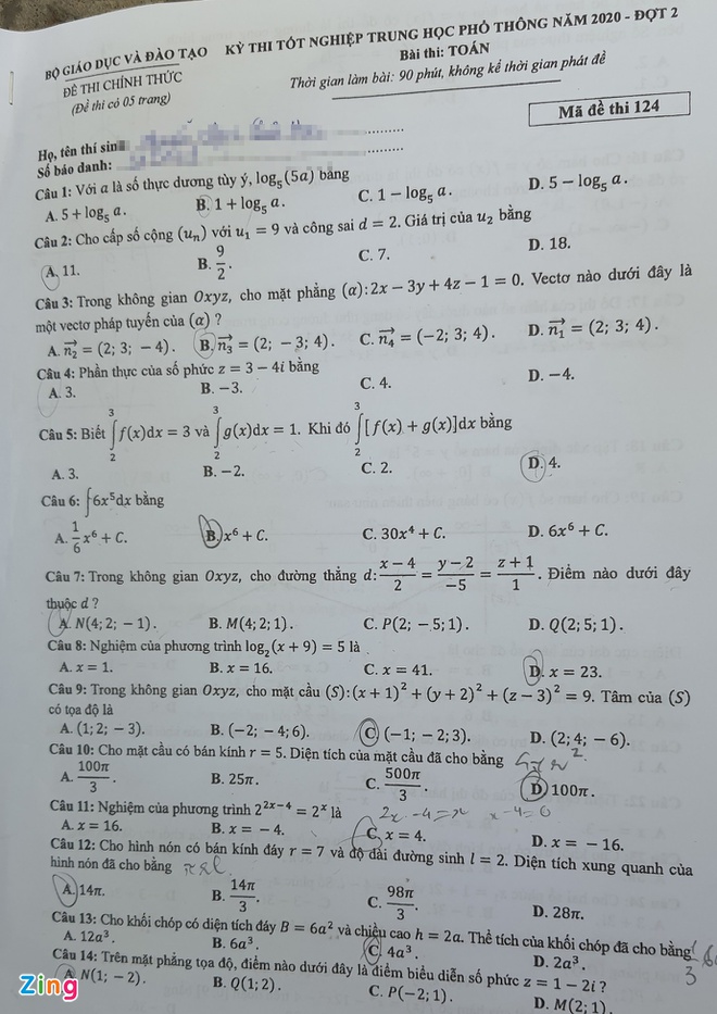 Đáp án môn Toán kỳ thi tốt nghiệp THPT 2020 đợt 2: Mã đề 124  