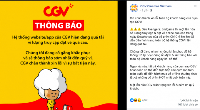 Thông báo trên fanpage của CGV Cinemas