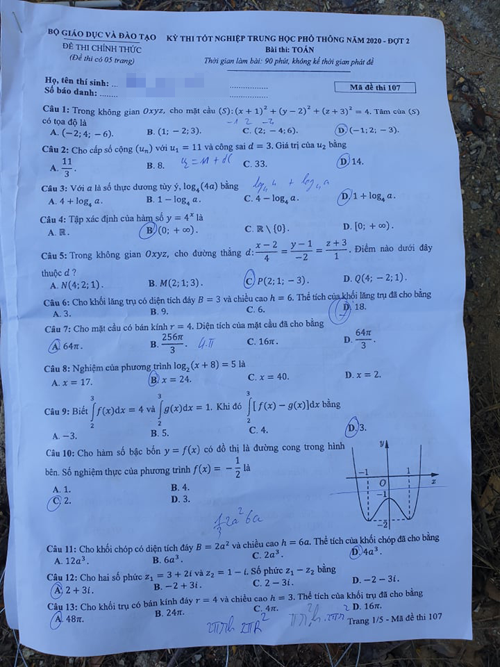 Đáp án môn Toán kỳ thi tốt nghiệp THPT 2020 đợt 2: Mã đề 107  