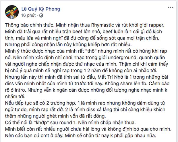   Dòng trạng thái tuyên bố nhận thua Rhymastic và rút khỏi giới rapper của Torai9.  