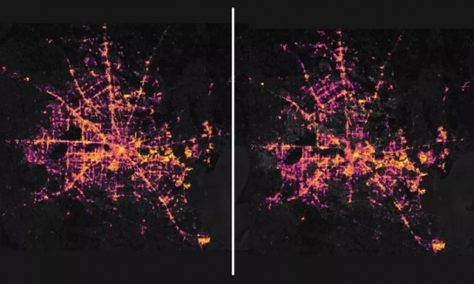   Thành phố Houston, Texas trước và sau khi bị mất điện trên diện rộng. Ảnh: NASA.  