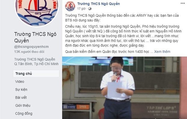 Trường THCS Ngô Quyền kiểm điểm từng cá nhân trong vụ kỷ luật nam sinh lớp 8 xúc phạm nhóm nhạc BTS.