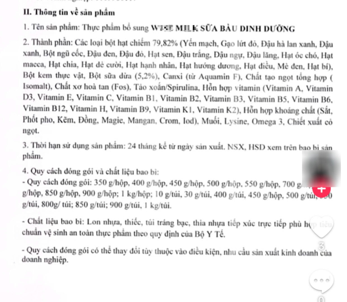 Bảng thành phần của sản phẩm được quảng cáo sữa bầu khiến dân tình hoang mang. (Ảnh chụp màn hình)