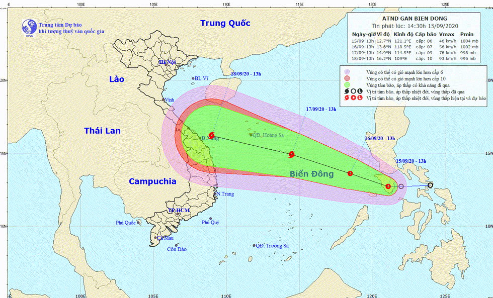 Hướng di chuyển của áp thấp nhiệt đới trên Biển Đông. Nguồn: TTKTTV