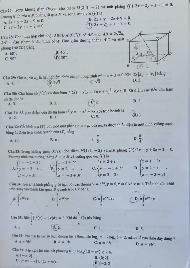 Đáp án môn Toán kỳ thi tốt nghiệp THPT 2020 đợt 2: Mã đề 124  