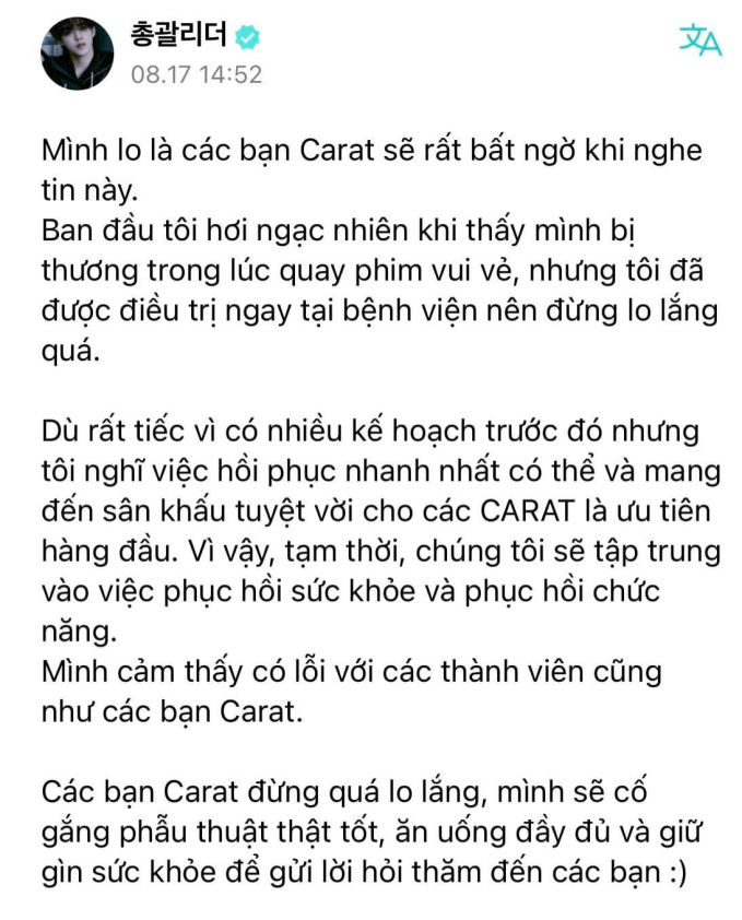 S.Coups đăng tải tâm thư trấn an fan sau thông tin tạm nghỉ ngơi