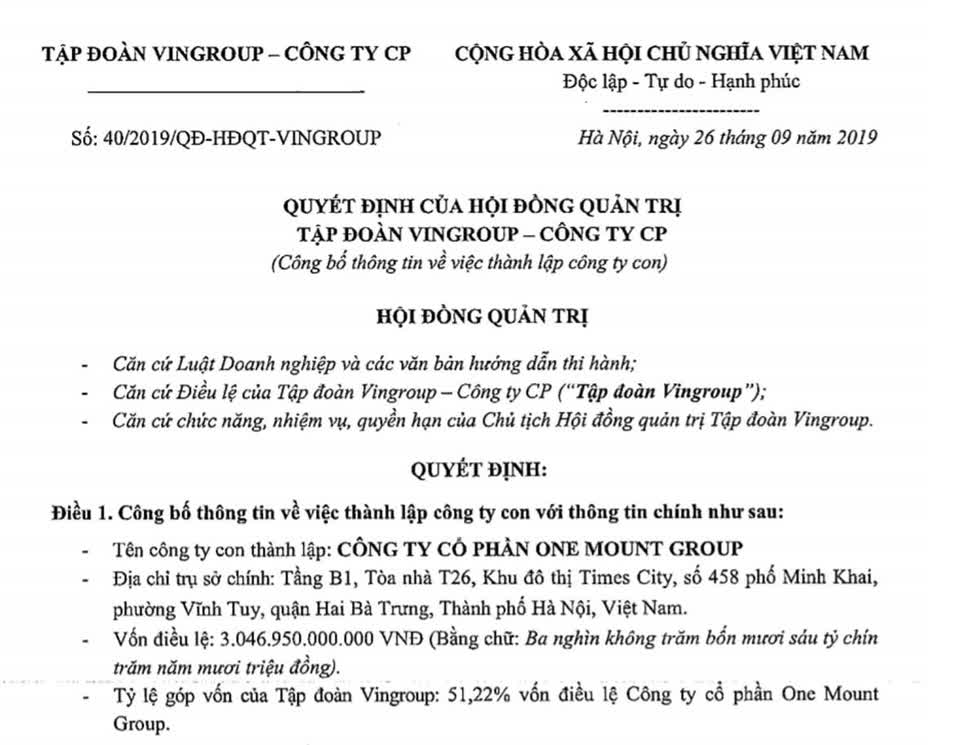 One Mount Group chính là công ty con của Vingroup.