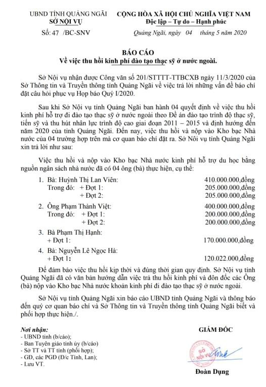 Báo cáo của Sở Nội vụ Quảng Ngãi về việc thu hồi kinh phí đào tạo 4 trường hợp trên. 