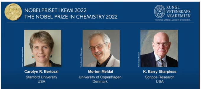   Bà Carolyn R. Bertozzi, ông Morten Meldal và ông K. Barry Sharpless được trao giải Nobel hoá học 2022. NOBELPRIZE.COM  