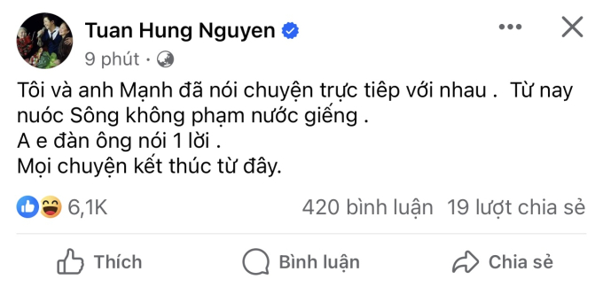 Sau đó, nam ca sĩ lên tiếng cho biết cả hai đã gặp mặt nói chuyện rõ ràng và sẽ không bao giờ nhắc tới nhau