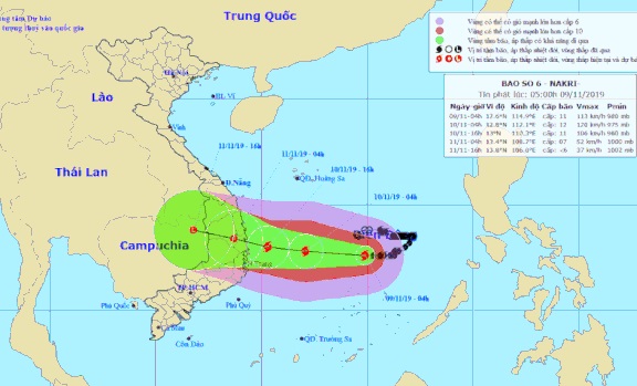   Dự báo đường đi bão số 6 của Trung tâm Khí tượng thủy văn TW lúc 4h s1ng 9-11  