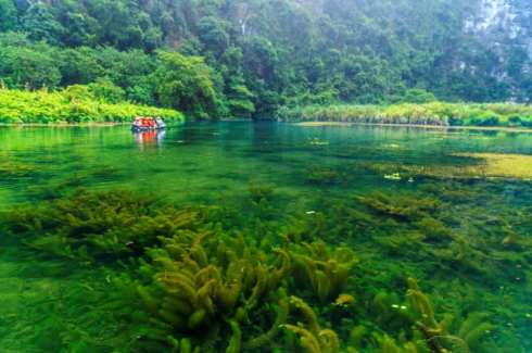    Vào mùa thu, ven dòng nước bao quanh các ngọn núi là mùa hoa súng nở rạng rỡ trên nền trời xanh – nước xanh trong vắt có thể nhìn rỏ rong tảo phía dưới, tạo nên cảnh sắc thiên nhiên tuyệt đẹp  