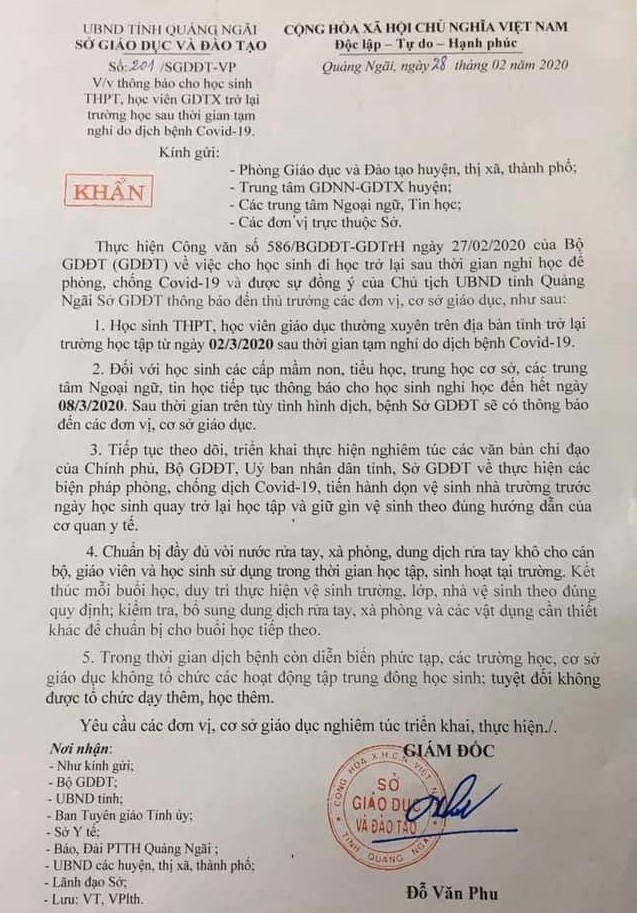 Công văn hỏa tốc của UBND tỉnh Quảng Ngãi về việc cho học sinh đi học trở lại.