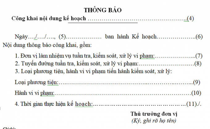 Mẫu thông báo công khai kế hoạch tuần tra kiểm soát. Ảnh: GTVT 