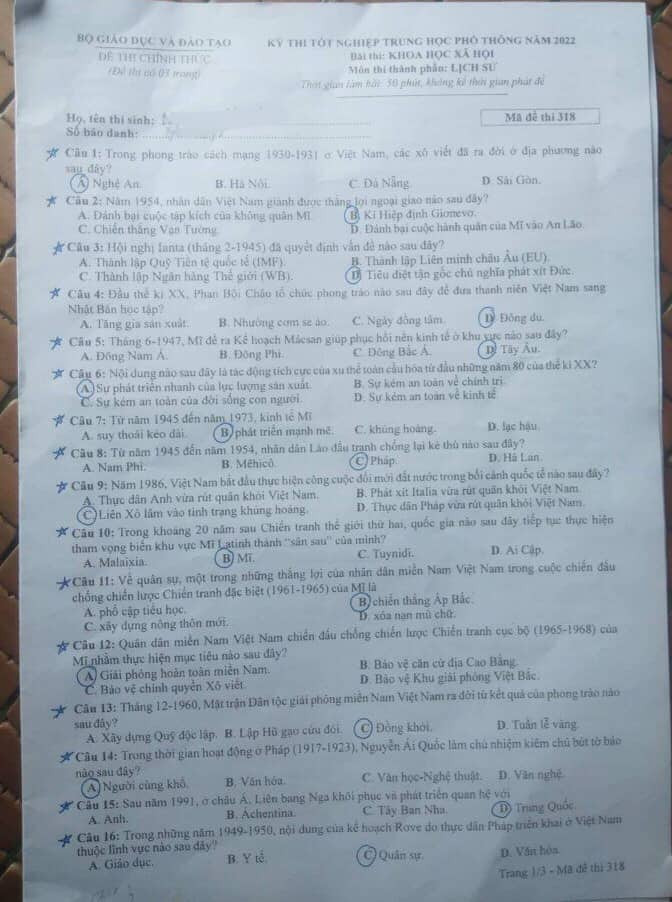 Đề thi và gợi ý đáp án môn Lịch sử tốt nghiệp THPT 2022 - Ảnh 1.