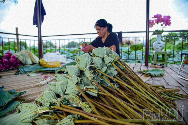 Bông trà sau khi ướp xong sẽ tiếp tục được cắm nước một ngày rồi mới đưa vào bảo quản trong tủ lạnh.