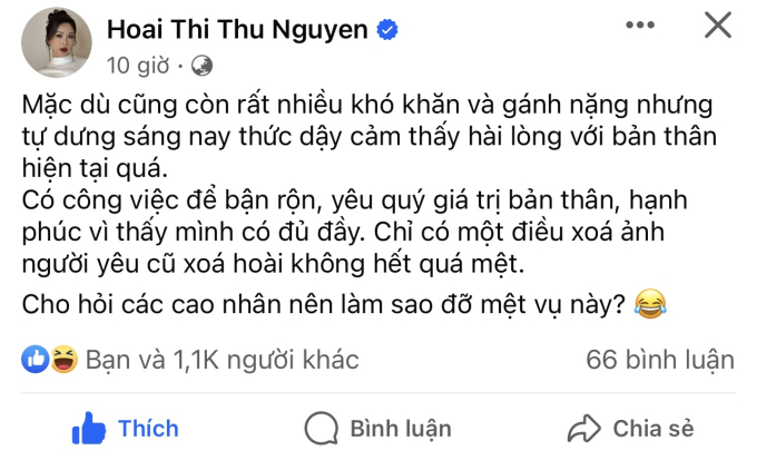 Hoa hậu Thu Hoài than thở mệt mỏi vì phải xoá ảnh người cũ sau gần 2 tháng ly hôn chồng doanh nhân