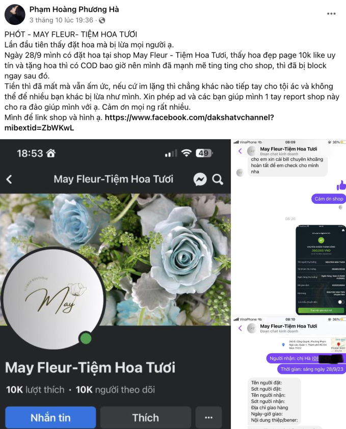 Bài đăng bóc phốt shop May Fleur - Tiệm Hoa Tươi của khách hàng. 