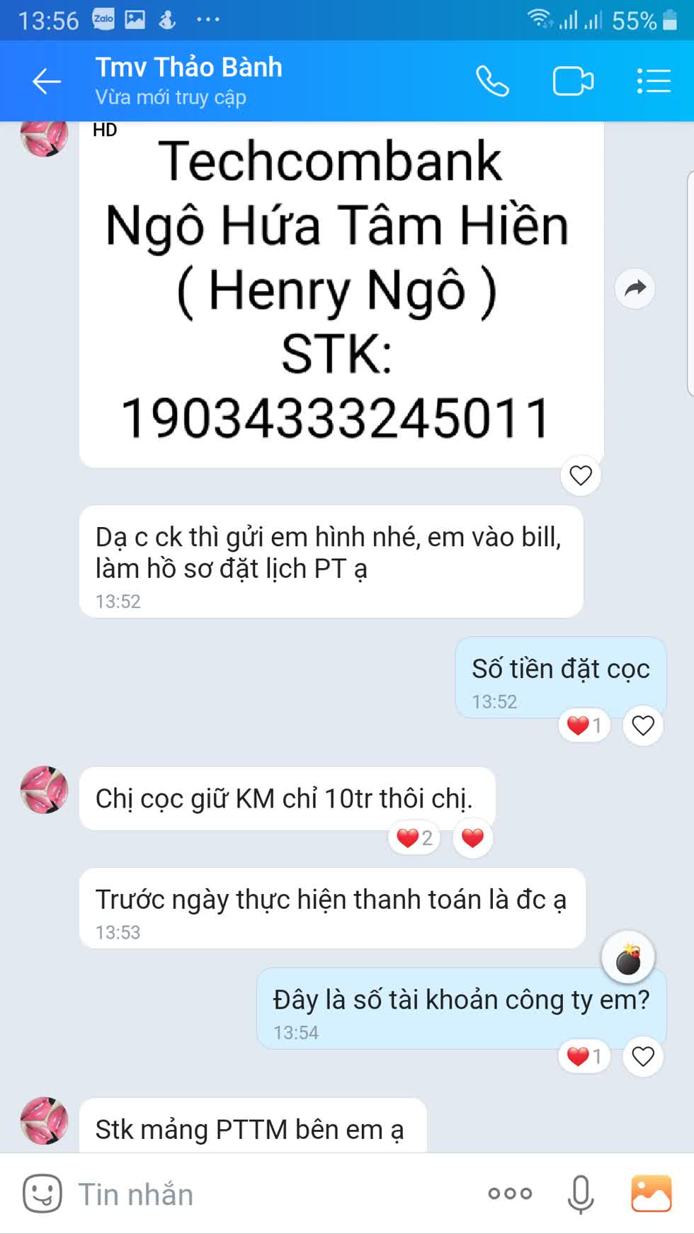 Số tiền phẫu thuật được nhân viên của Thảo Bành hướng dẫn khách hàng chuyển vào một tài khoản cá nhân. Ảnh chụp màn hình. 