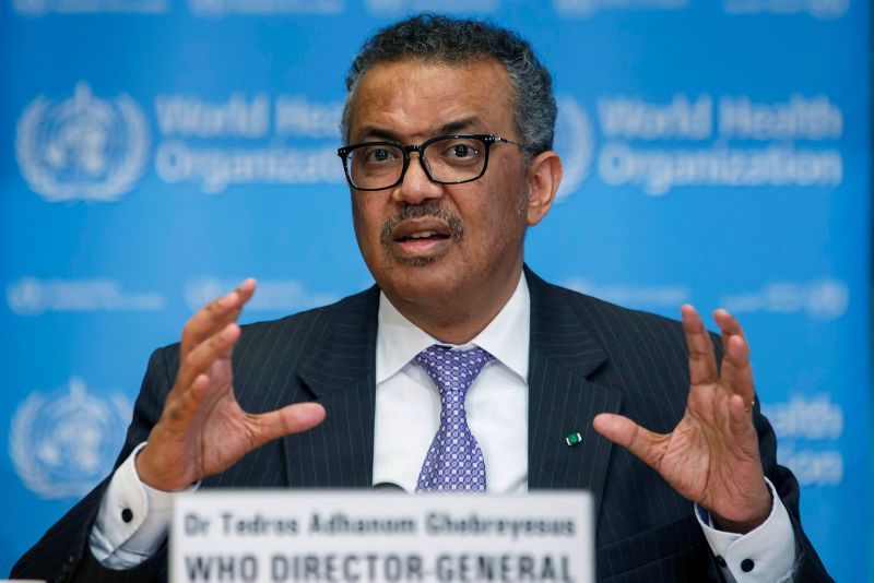 Tổng giám đốc WHO Tedros Adhanom-Ghebreyesus trong cuộc họp báo tại trụ sở của WHO ở Geneva, Thụy Sĩ, vào ngày 9/3. Ảnh: AP.