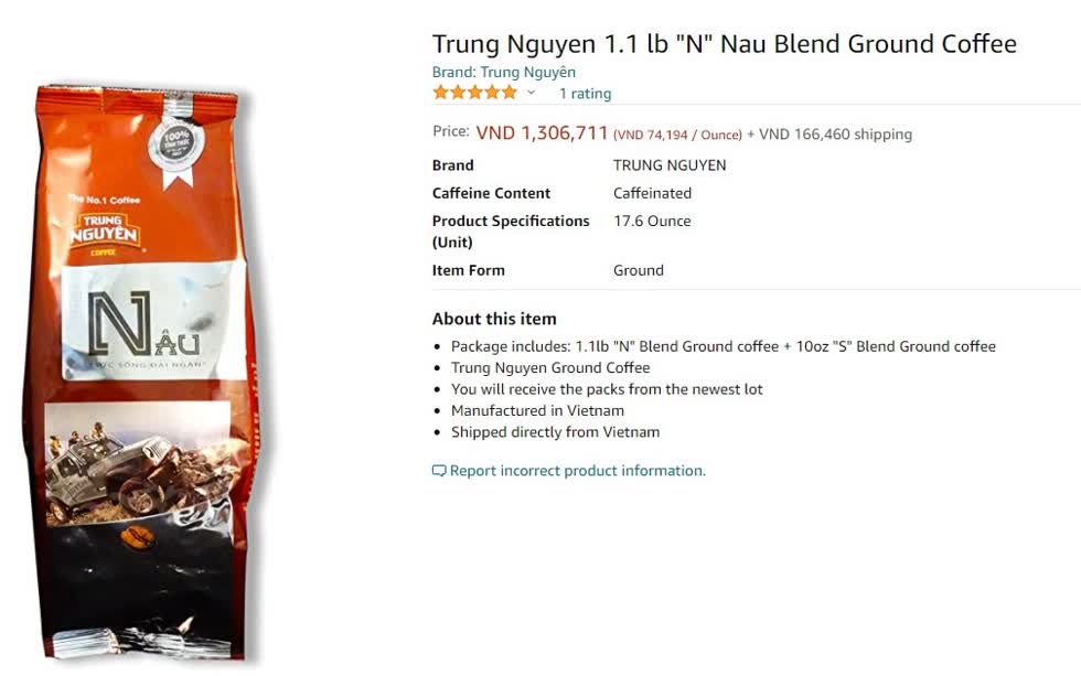 Một gói cà phê Trung Nguyên được bán trên Amazon có giá hơn 1 triệu đồng. Ảnh: Chụp màn hình.